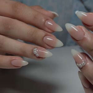 Pink nude floral bead almond press-on nails